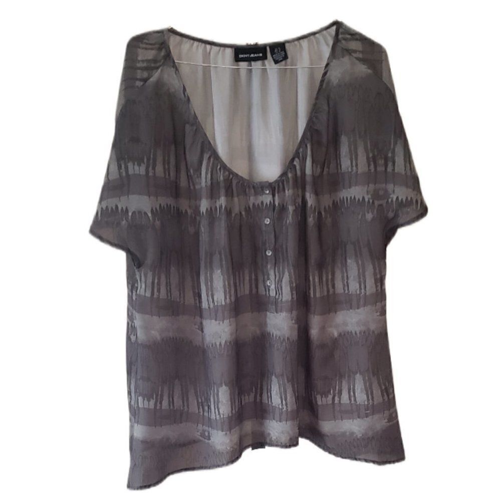DKNY Jeans Dark Green and Light Green Watercolor Short Sleeve Blouse